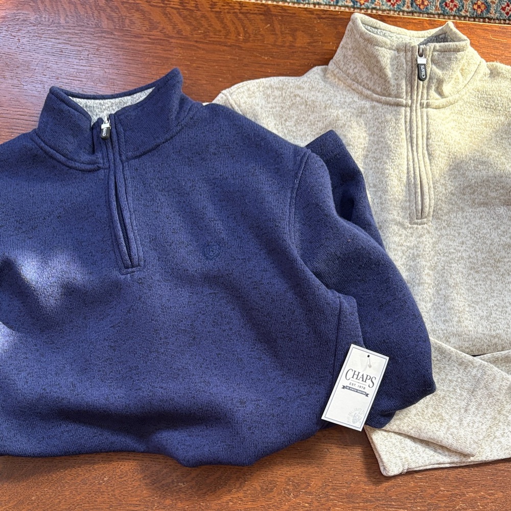 TWO!!  Chaps Men's Zip-Up Fleece Sweaters- Navy and Oatmeal